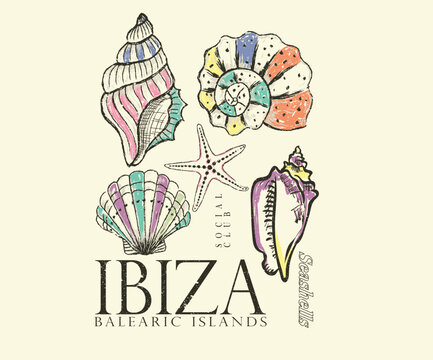 Ibiza beach design. Salty days artwork for t shirt print, poster, sticker and other uses. Seashell vintage artwork. Summer vibes artwork. Colorful seashell line drawing.