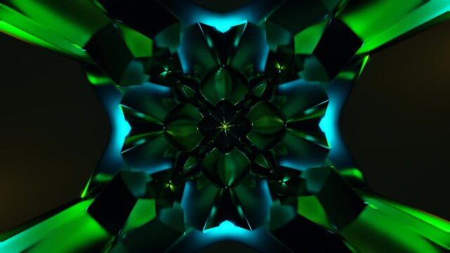 Kaleidoscopic neon light mandala blue glow mirrored symmetry vibrant cinematic pattern