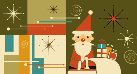 Retro Santa Claus with gifts and mid century modern festive stars, bringing holiday cheer in a vibrant abstract design