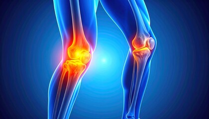 Obraz premium 3d x ray illustration of a walking man experiencing knee joint pain against a blue background