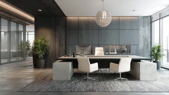 Ultra HD Sleek office interior featuring a concrete desk, comfortable swivel chairs, lush potted plants, and a modern pendant light, creating an inviting and productive work atmosphere 