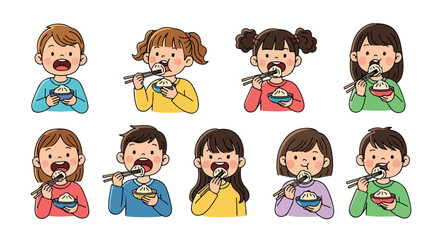 Children eating noodles with chopsticks