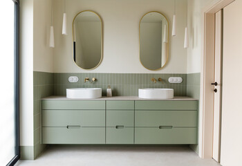 Modern Bathroom Interior with Sage Green Double Vanity and Gold Mirrors