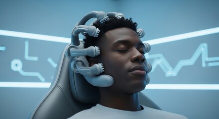 African american man experiences advanced brain stimulation from a robotic treatment device for health and beauty. Neuroscience, therapy concept.