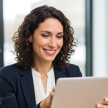 Business woman using tablet smiling in office professional look