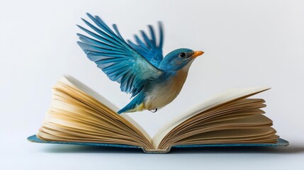 A vibrant blue bird takes flight from an open book, symbolizing imagination and freedom.