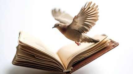 A bird gracefully flies above an open book, symbolizing freedom and imagination in a serene and artistic display.