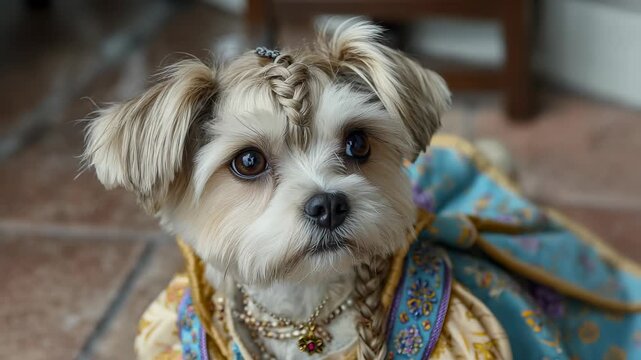 Adorable Maltese Dog Portrait with Braided Hair and Fancy Dress, Close-up of Cute Pet with Big Brown Eyes