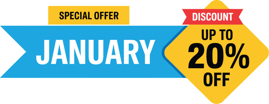 January special offer discount up to 20% off with vibrant graphic design elements