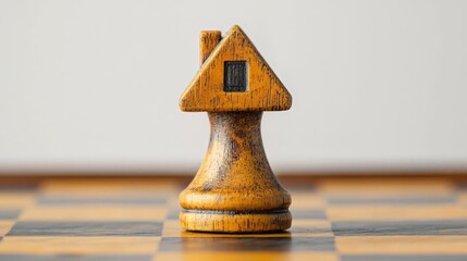 A unique chess piece designed as a wooden house, combining strategy and creativity in a playful gaming setting.