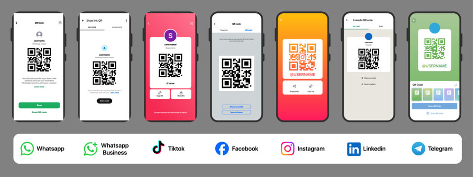 WhatsApp multi-app QR code scan UI mockup showing Business, TikTok, Facebook, Instagram, LinkedIn integration, profile access, messages, contacts, and full interface elements in modern vector.