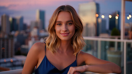 Close-up woman on rooftop with skyline backdrop at sunset party with urban glow