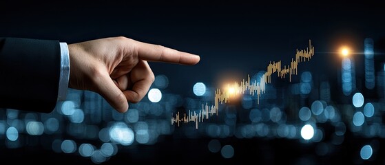 A person uses a digital display to track stock market trends with rising graphs and financial symbols indicating growth