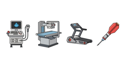 Various industrial machines and tools in flat design style ,  ultrasound machine for animals, treadmill, X-ray for animals, anesthesia dart,  Animal-Computer Interaction icon set.