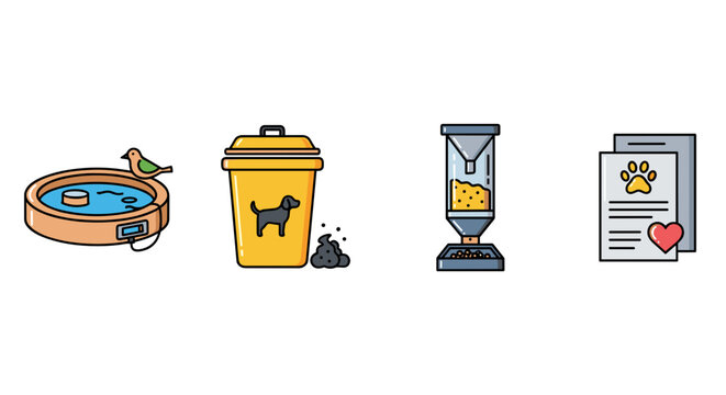 Pet care icons including water dish, waste bin, feeder, and health report  , Animal-Computer Interaction icon set.