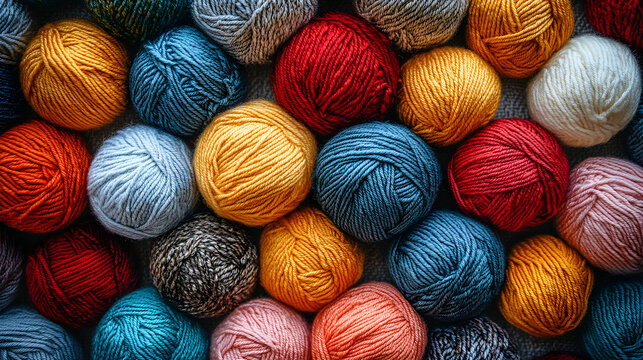 flat lay of assorted yarn balls in vibrant colors on soft grey background