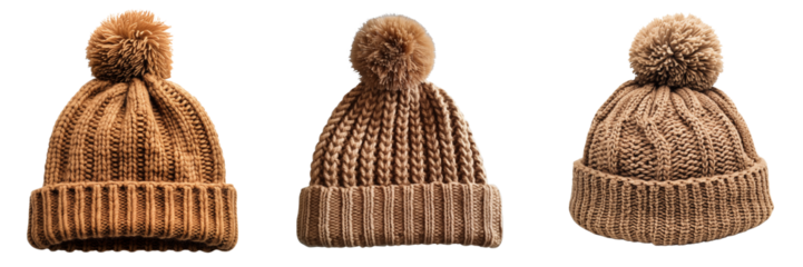 Set of knitted beanie hats with pom in light brown color isolated on transparent or white background