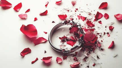 A shattered ring surrounded by red rose petals symbolizes love lost and heartbreak.
