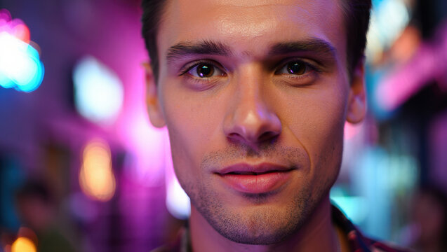 Caucasian young man extreme close-up in a nightclub with neon lighting