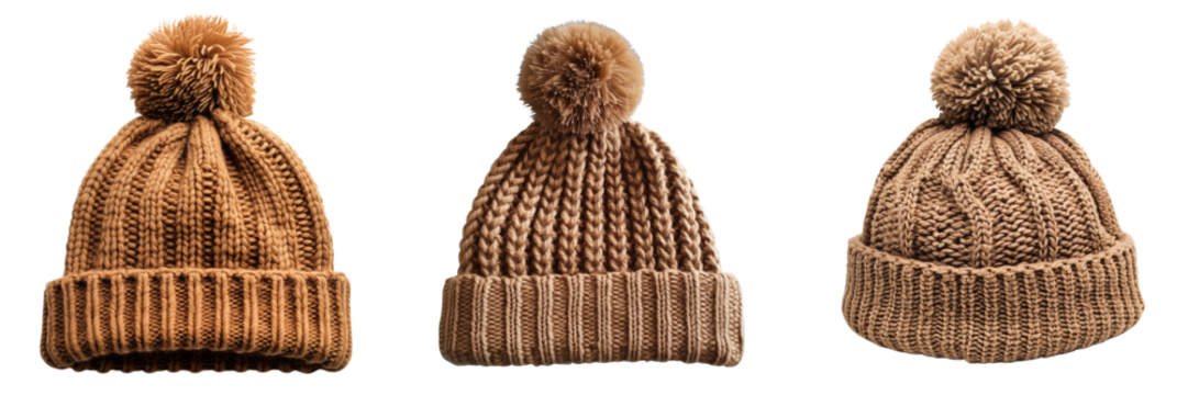 Set of knitted beanie hats with pom in light brown color isolated on transparent or white background