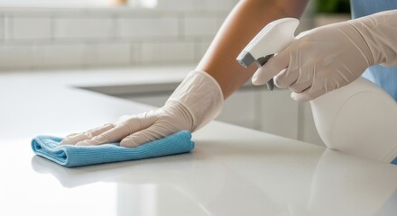 Person in gloves cleaning modern white kitchen countertop with spray and microfiber cloth