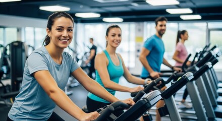 Happy diverse group exercising on bikes and treadmills in modern gym
