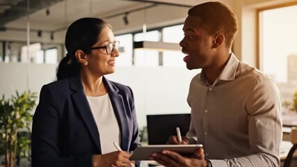 Two professionals engaged in a collaborative discussion over a tablet in a modern office setting