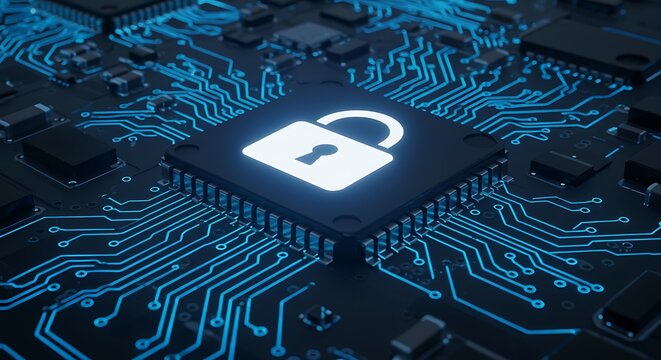 Digital security concept with a glowing padlock symbol on a computer chip surrounded by illuminated circuit board traces