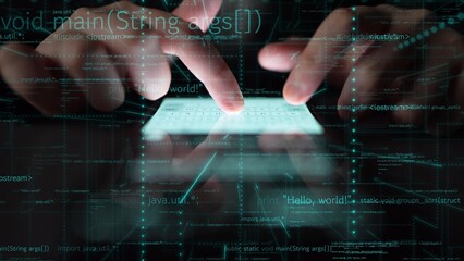Close-up view of hands typing on a smartphone with a digital code overlay, illustrating modern programming concepts and technology in a sleek environment. Xenic