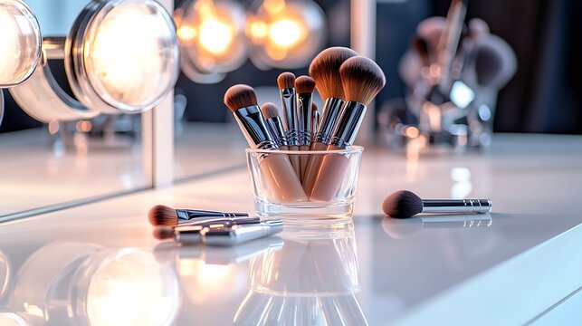 Elegant makeup brushes displayed on vanity for beauty bloggers and cosmetic brands, ideal for tutorials and product promotions in stylish, modern settings