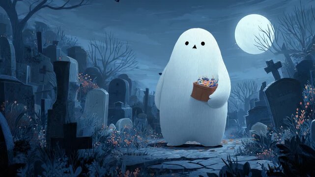 Cute Ghost with Candy Bucket in Graveyard Illustration for Halloween, Spooky Night, Full Moon, Cartoon Style
