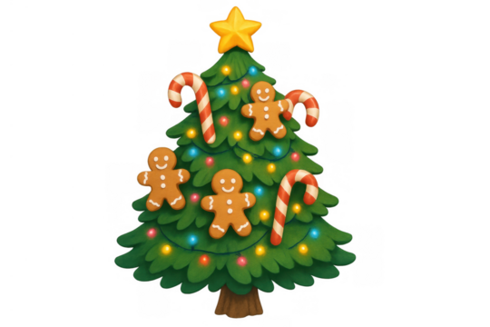 Christmas tree illustration with gingerbread men, candy canes, lights, and star, celebrating festive holiday season