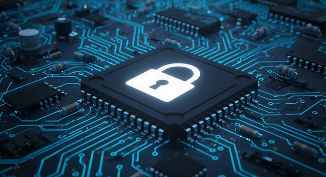 Digital security concept with a glowing padlock symbol on a computer chip surrounded by illuminated circuit board traces
