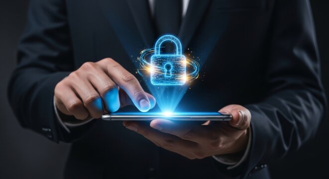 Digital security and data protection on smartphone with holographic padlock