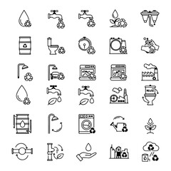 silhouette pack of 12 editable thin linear outline with pure white background recycle water icons set
