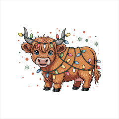 Festive Highland Cow Adorned with Christmas black silhouette