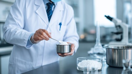 Scientist in lab coat measuring powder in a laboratory with glassware and microscope in the background