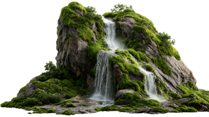 A beautiful mossy rock formation with multiple waterfalls, isolated on transparent background