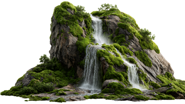 A beautiful mossy rock formation with multiple waterfalls, isolated on transparent background