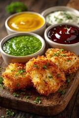 Fototapeta premium Homemade chicken nuggets and sauces. Shallow depth of field.