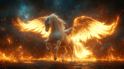 Obraz premium Powerful Phoenix with Spread Wings Engulfed in Flames Against Dark Background