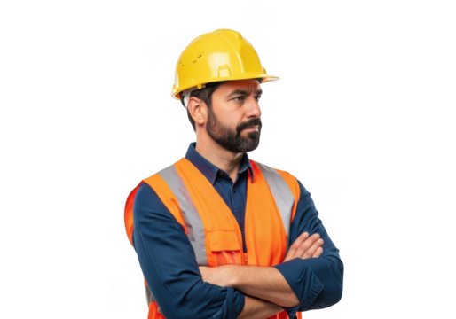 A focused male construction worker wearing a yellow hard hat and orange safety vest with arms crossed isolated on transparent background