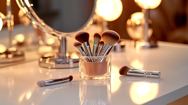 Professional makeup brushes ready for flawless application in warm, inviting light, perfect for beauty tutorials and cosmetic product ads
