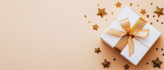 Two elegant gift boxes with shiny ribbons rest on a light background, surrounded by sparkling golden stars, creating a festive scene