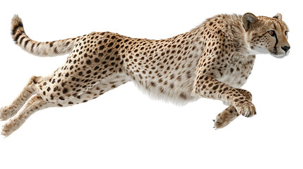 Fototapeta premium A cheetah running at full speed, captured midair with its body extended, isolated on transparent background
