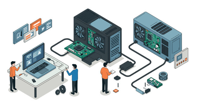Isometric data center design with tech engineers and hardware components