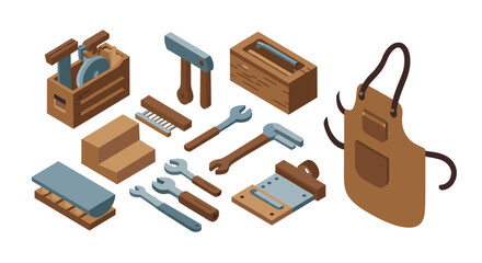 Isometric carpenter tools with wooden toolbox and apron for crafting and diy projects