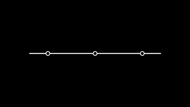 Animation Minimal White Timeline with Three Circular Points on black Background. Animated moving line with appearing 3 checkpoints as circles, designed. 4k motion video.
