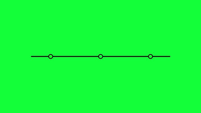 Animation Minimal black Timeline with Three Circular Points on green Background. Animated moving line with appearing 3 checkpoints as circles, designed. 4k motion video.