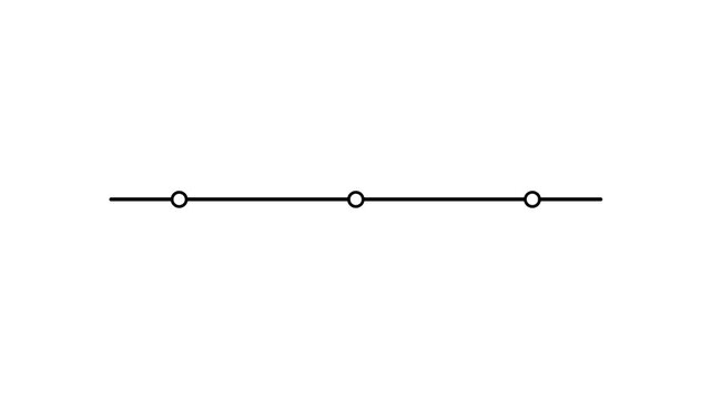 Animation Minimal White Timeline with Three Circular Points on black Background. Animated moving line with appearing 3 checkpoints as circles, designed. 4k motion video.